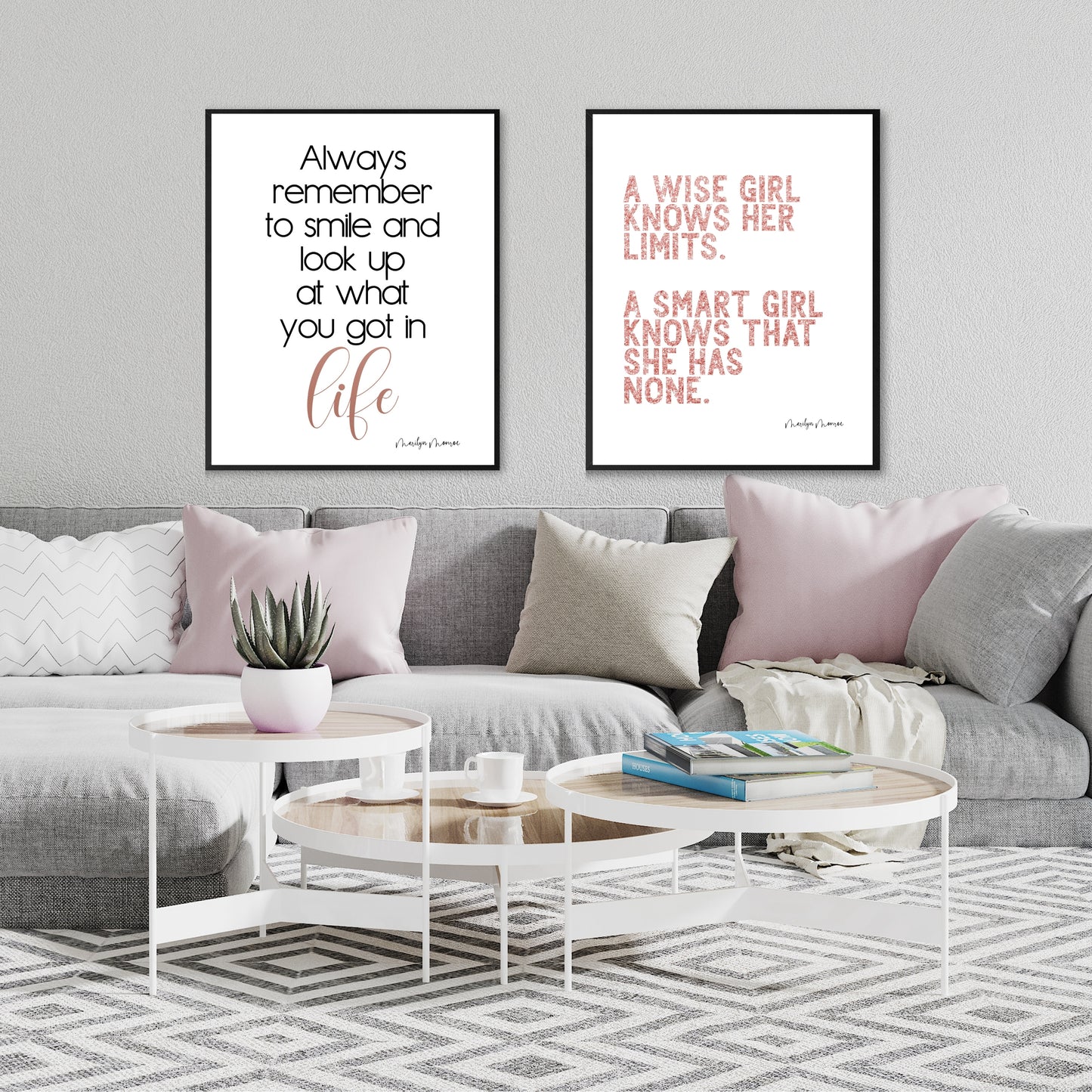 "A Wise Girl Knows Her Limits.  A Smart Girl Knows That She Has None." Famous Quote by Marilyn Monroe In Pink Glitter, Printable Art