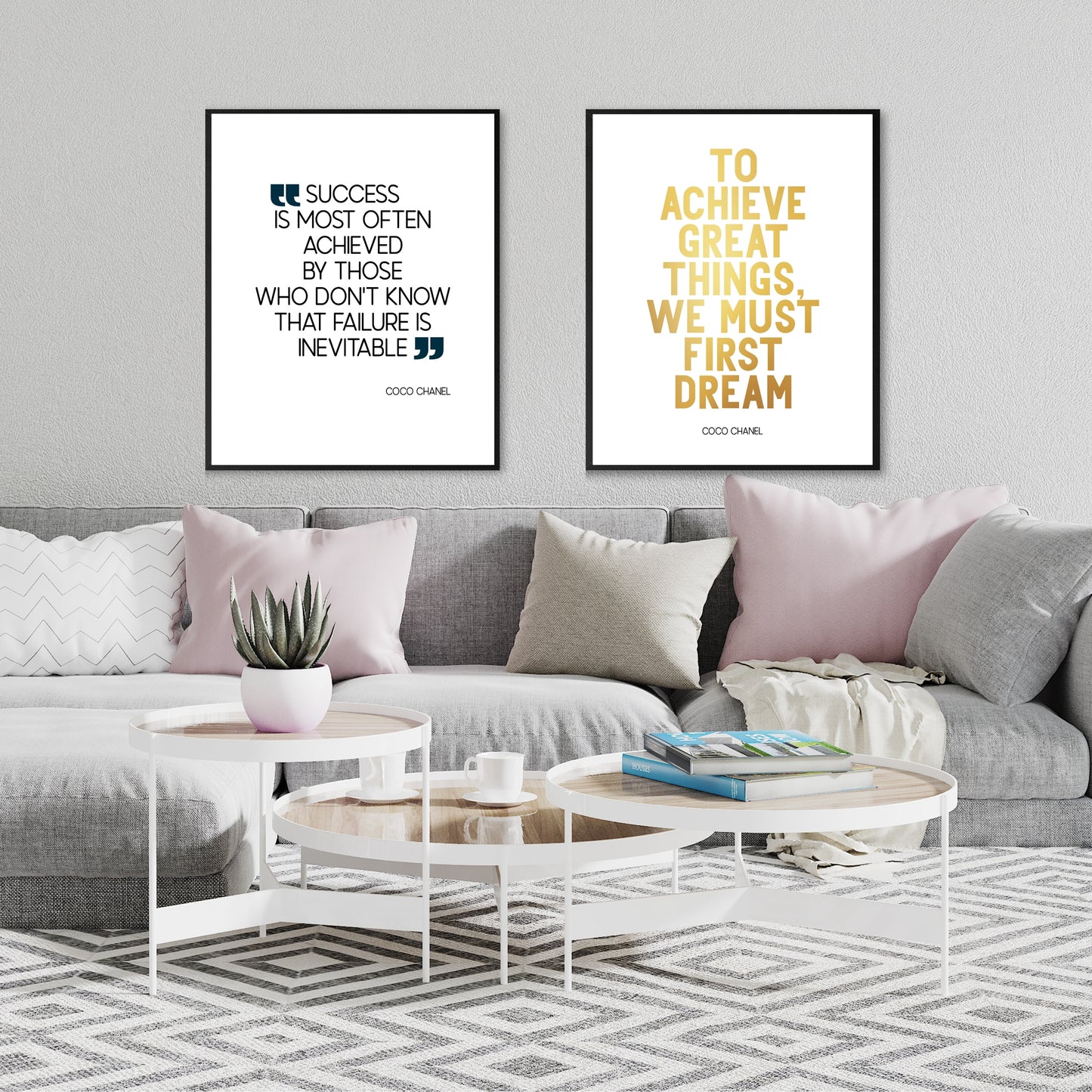 "To Achieve Great Things, We Must First Dream" Famous Quote by Coco Chanel In Gold, Printable Art