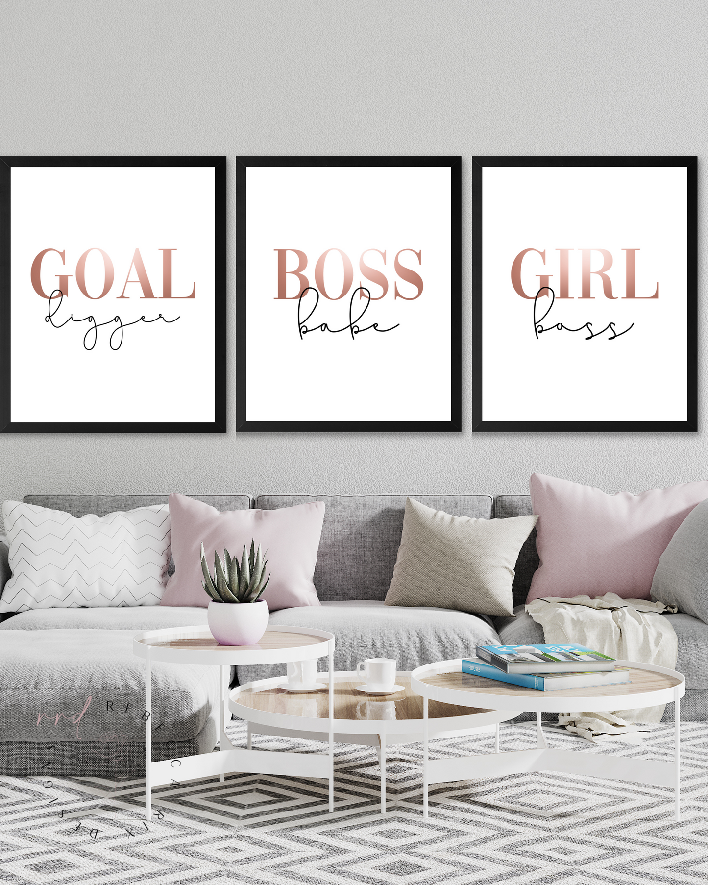 Set of 3 Girl Boss Quotes, "GOAL digger" "GIRL boss" "BOSS babe" In Rose Gold, Printable Art