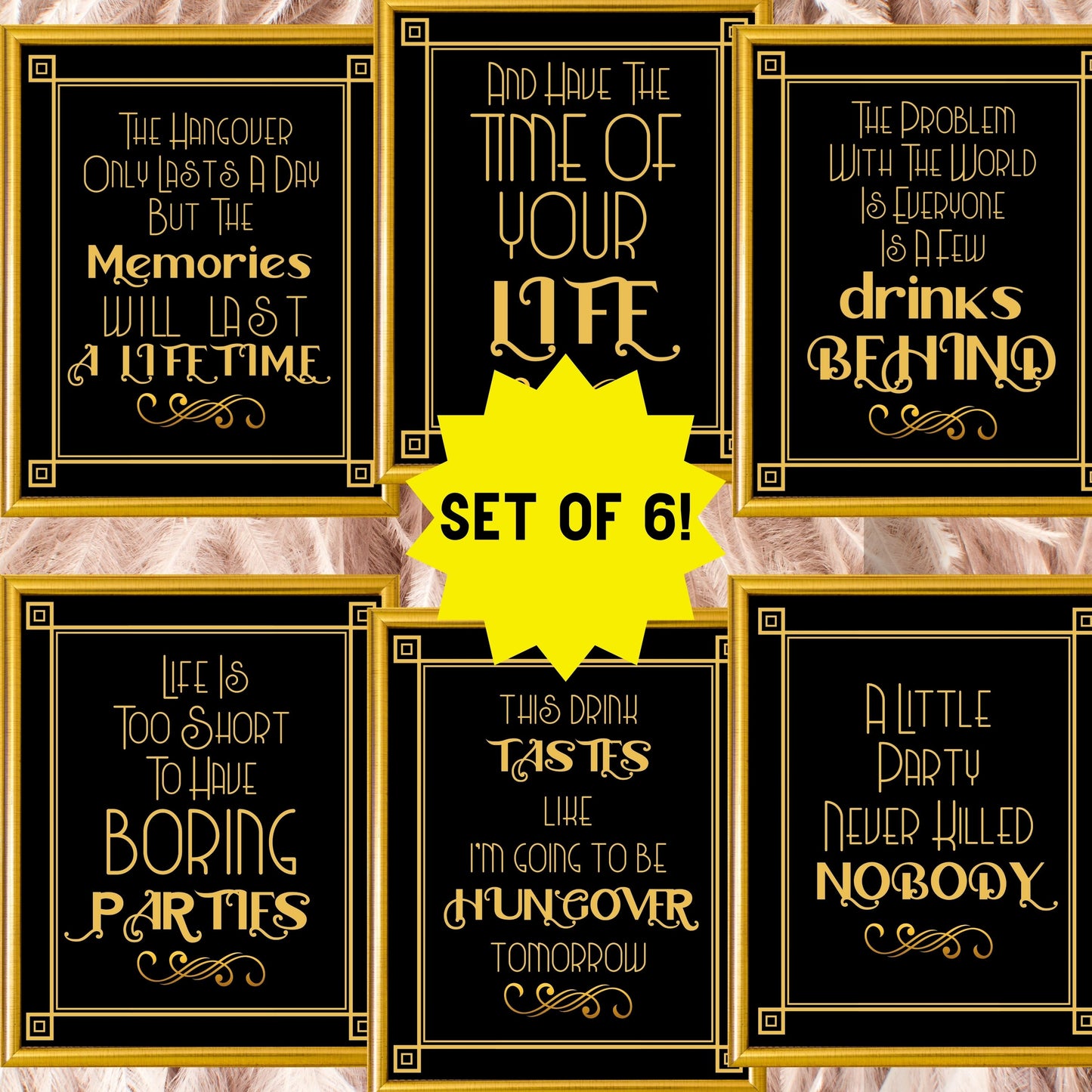 Set Of 6 Printable Party Signs For Great Gatsby Or Roaring 20's Party Or Wedding, Black & Gold, Printable Party Decor