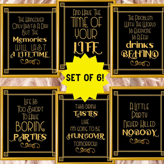 Set Of 6 Printable Party Signs For Great Gatsby Or Roaring 20's Party Or Wedding, Black & Gold, Printable Party Decor
