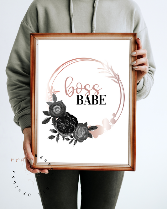 "Boss Babe" Girl Boss Quote In Rose Gold And Black, Printable Art