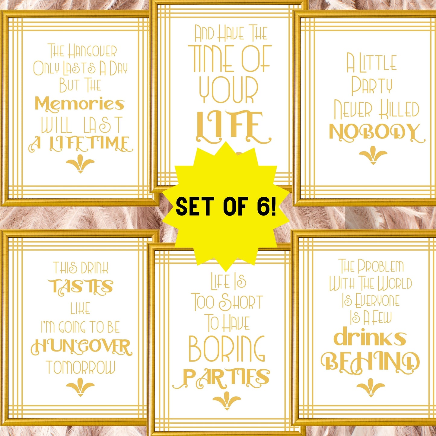 Set Of 6 Printable Party Signs For Great Gatsby Or Roaring 20's Party Or Wedding, White & Gold, Champagne Themed Printable Party Decor