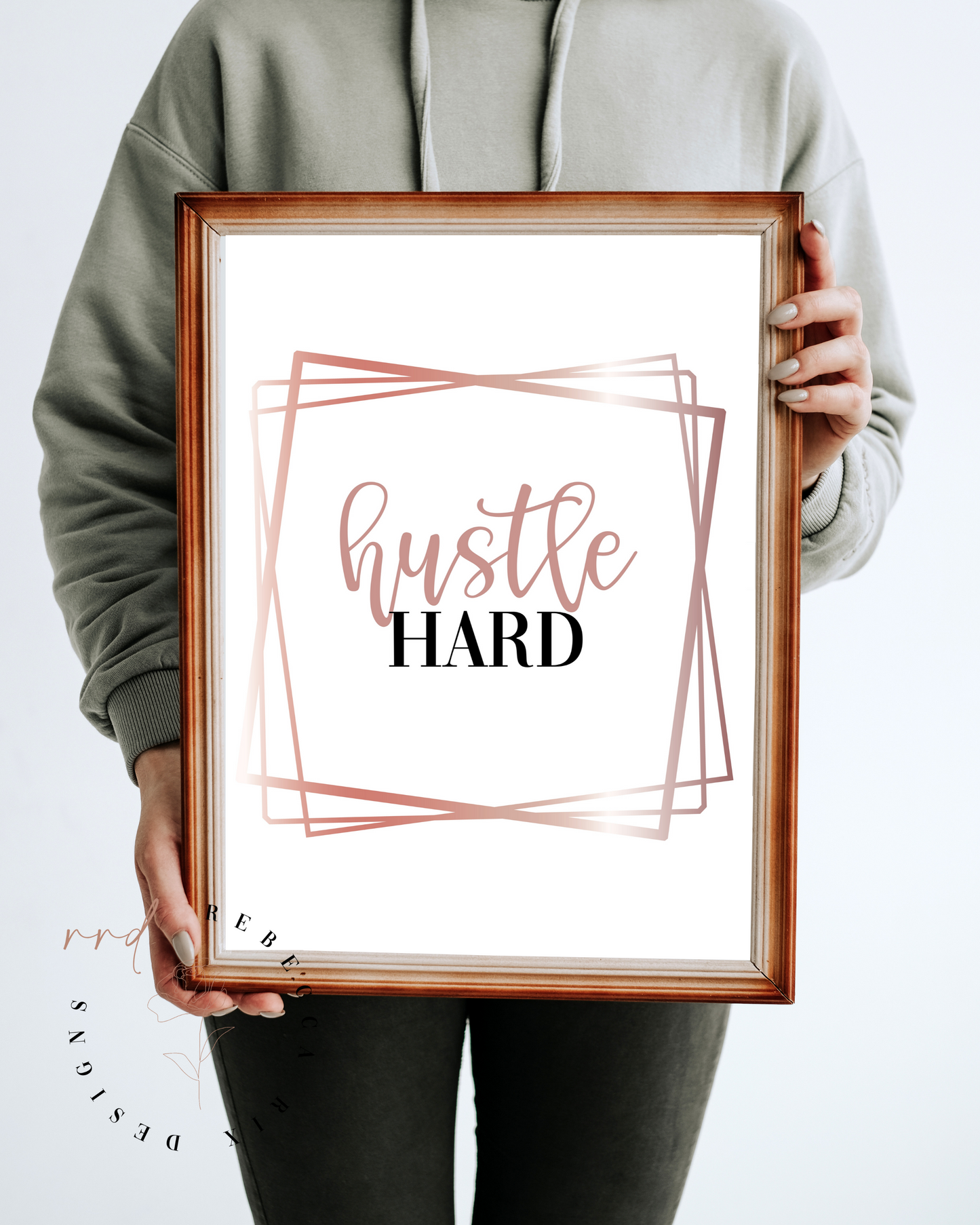 "Hustle Hard" Girl Boss Quote In Rose Gold And Black, Printable Art