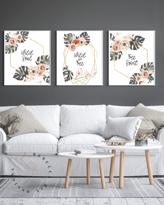 "Wild Soul," "Wild And Free," "Free Spirit," Set of 3 Boho Designs With Flowers And Gold Frame, Printable Wall Art