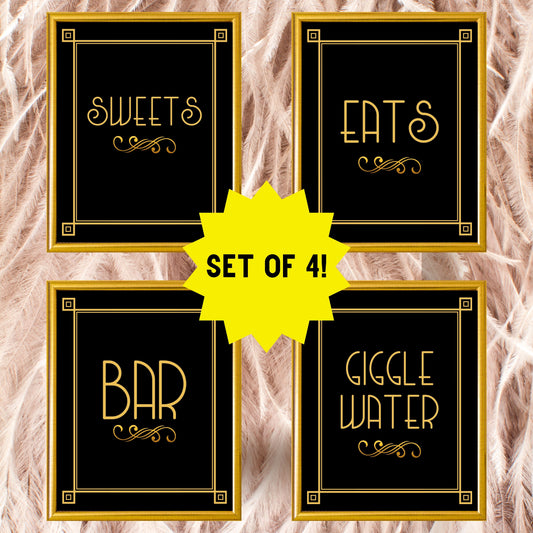 Set Of 4 Printable Party Signs For Great Gatsby Or Roaring 20's Party Or Wedding, Black & Gold, Printable Party Decor