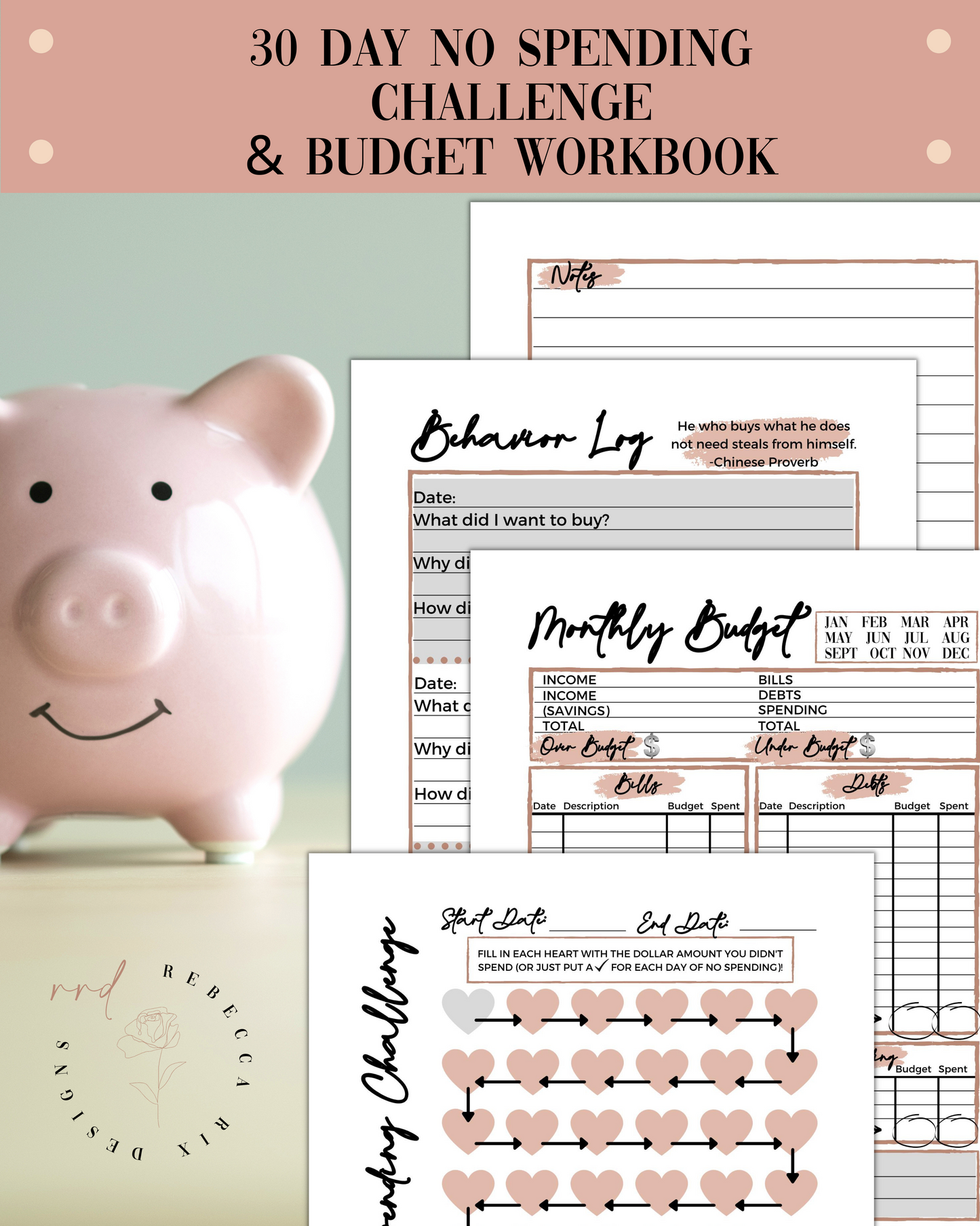 30 Day No Spending Challenge & Budgeting Workbook, Printable Planners & Organizers