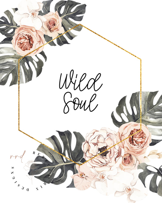 "Wild Soul," "Wild And Free," "Free Spirit," Set of 3 Boho Designs With Flowers And Gold Frame, Printable Wall Art