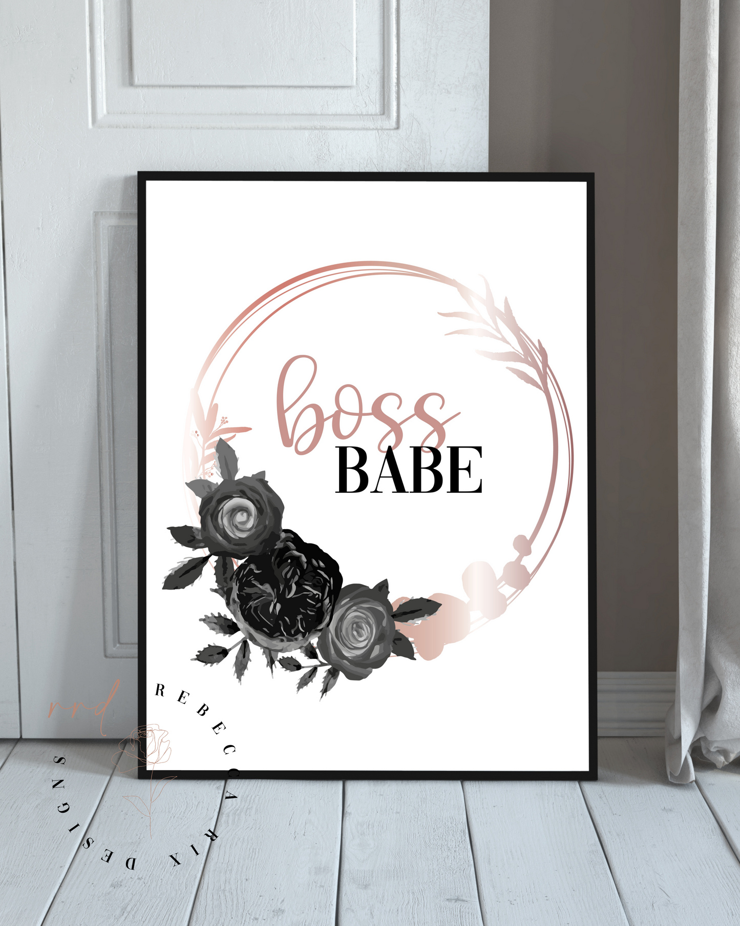 "Boss Babe" Girl Boss Quote In Rose Gold And Black, Printable Art