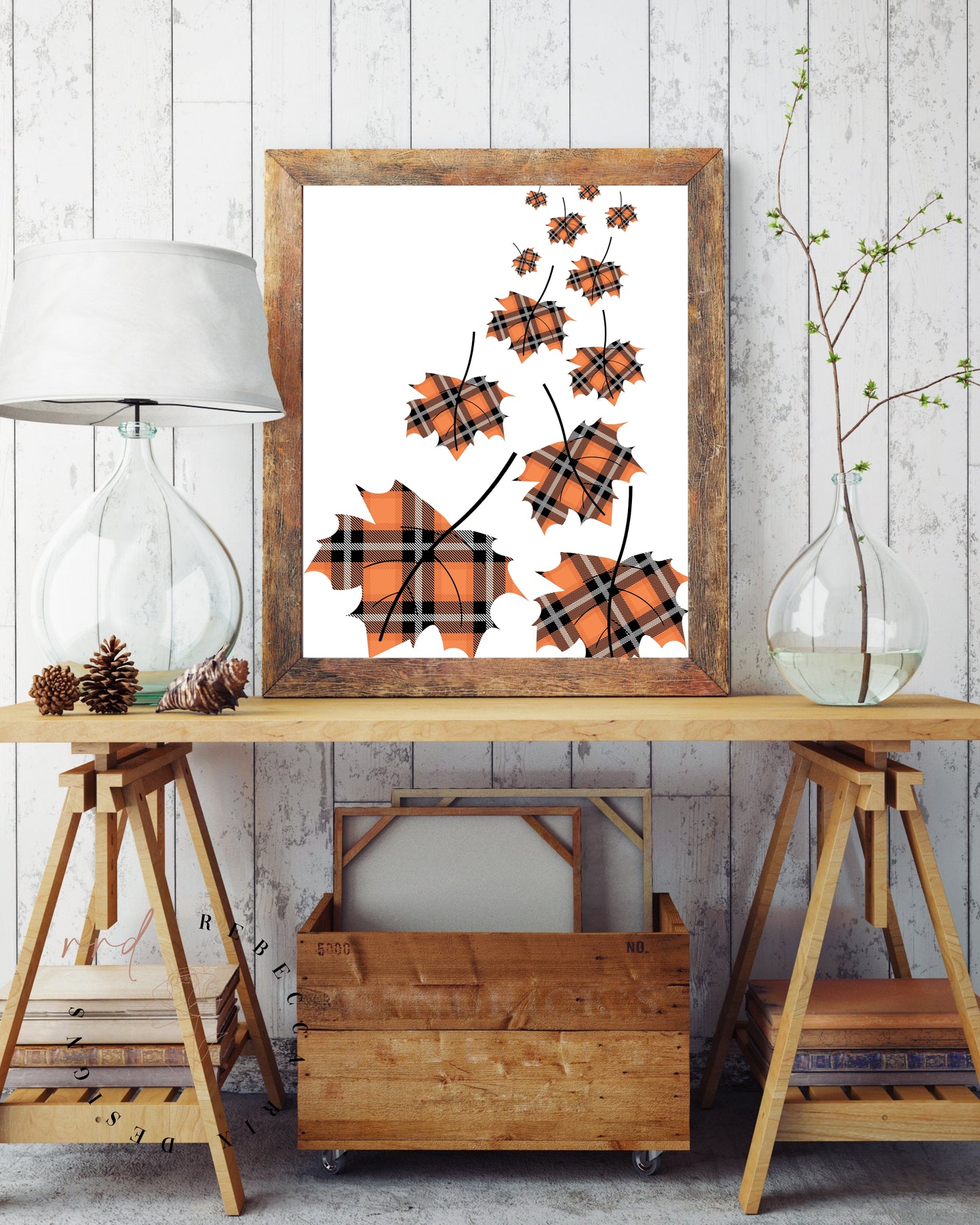 Orange Plaid Falling Leaves, Fall/Autumn/Halloween Farmhouse Chic, Printable Wall Art