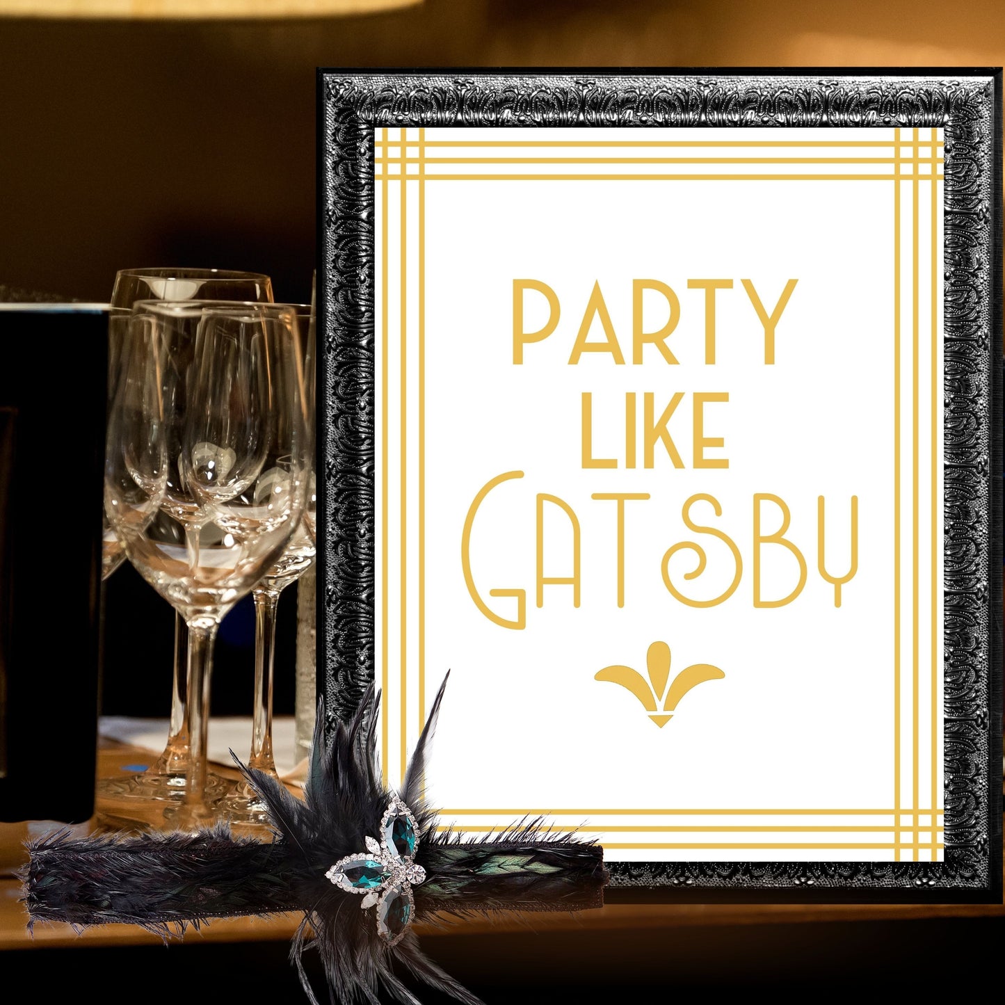 "Party Like Gatsby" Printable Party Sign For Great Gatsby or Roaring 20's Party Or Wedding, White & Gold, Printable Party Decor