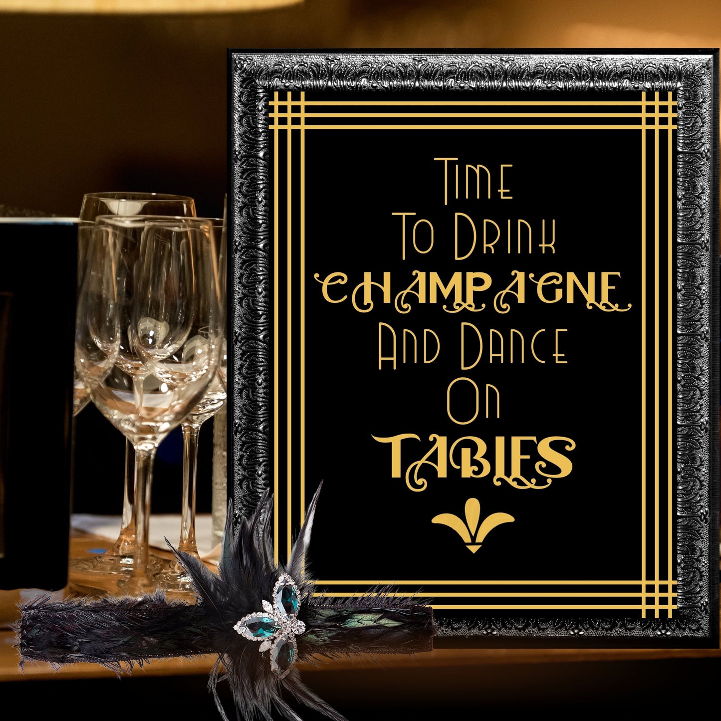 Set Of 6 Printable Party Signs For Great Gatsby Or Roaring 20's Party Or Wedding, Black & Gold, Champagne Themed Printable Party Decor