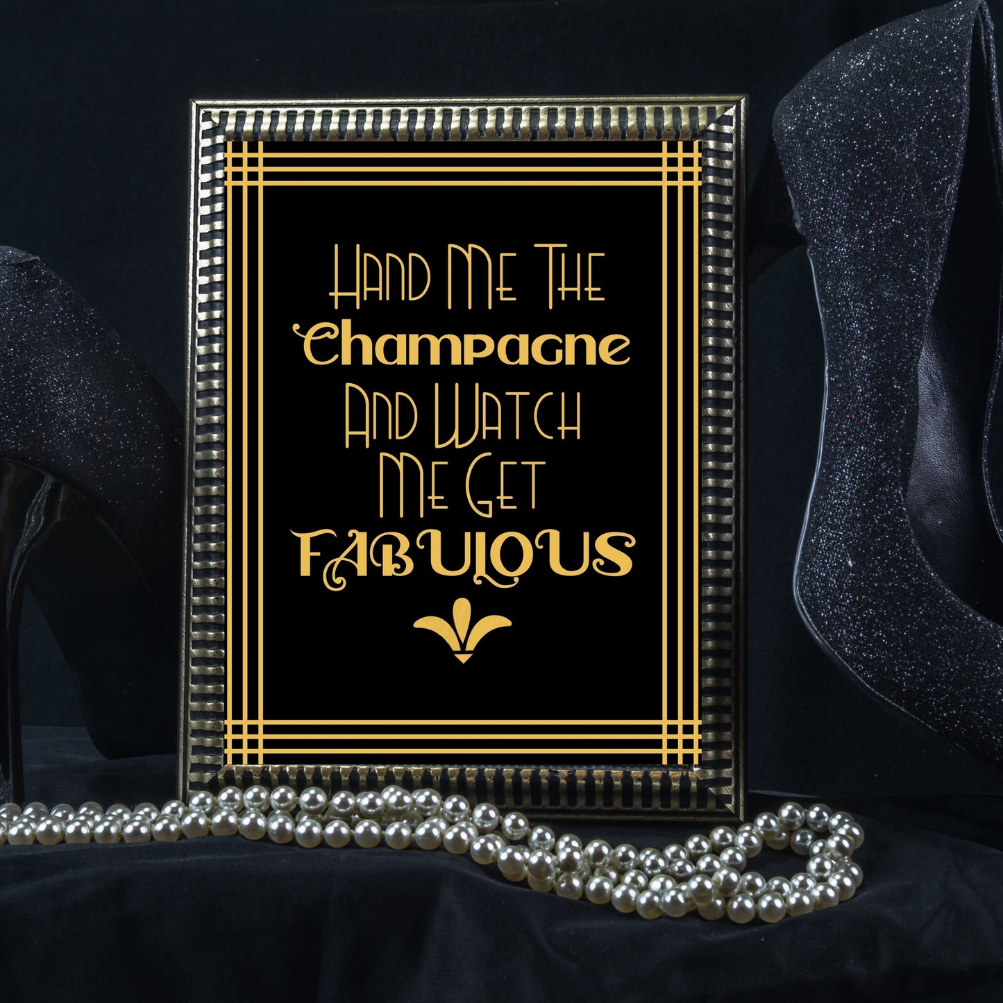 Set Of 6 Printable Party Signs For Great Gatsby Or Roaring 20's Party Or Wedding, Black & Gold, Champagne Themed Printable Party Decor