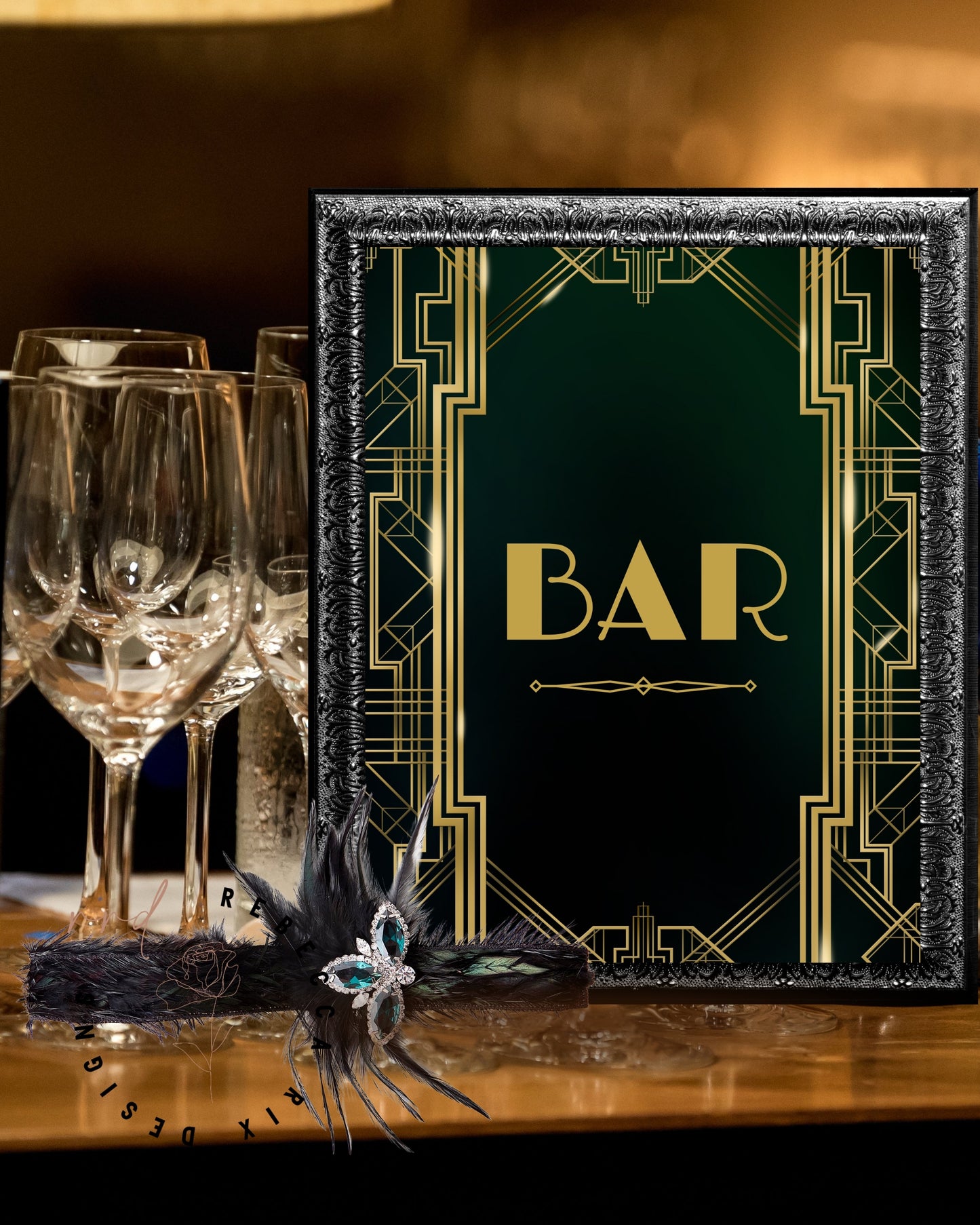 "Bar" Art Deco Printable Party Sign For Great Gatsby or Roaring 20's Party Or Wedding, Black & Gold, Printable Party Decor