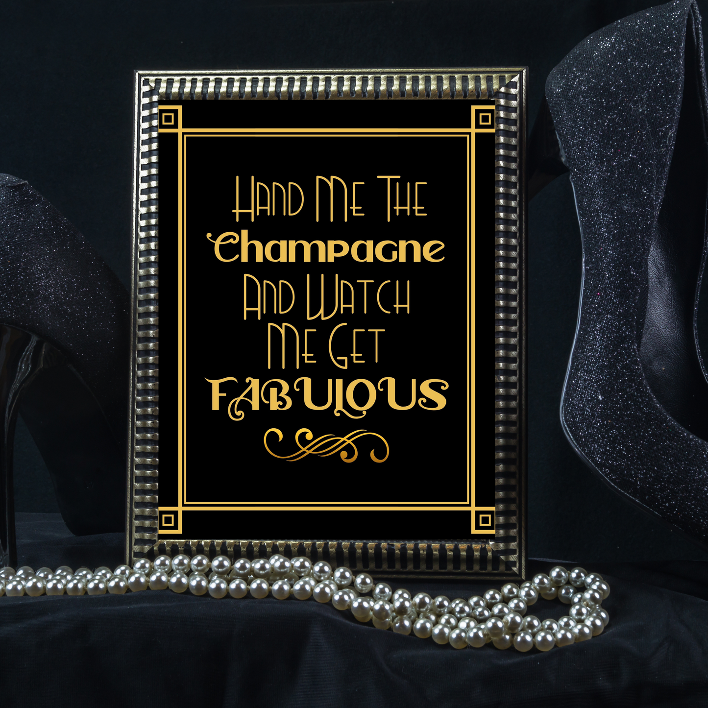 Set Of 6 Printable Party Signs For Great Gatsby or Roaring 20's Party Or Wedding, Black & Gold, Champagne Theme, Printable Party Decor