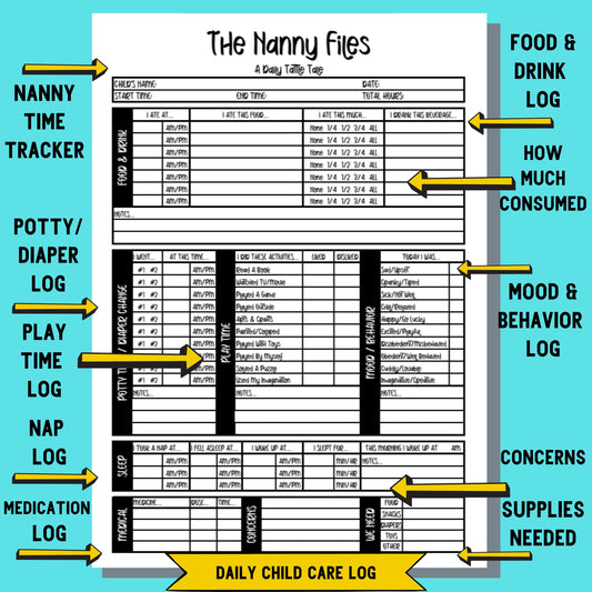 "A Daily Tattle Tale" - Daily Child Care Log For Nanny, Babysitter Or Caretaker, Part of "The Nanny Files Collection" Printable Organizers