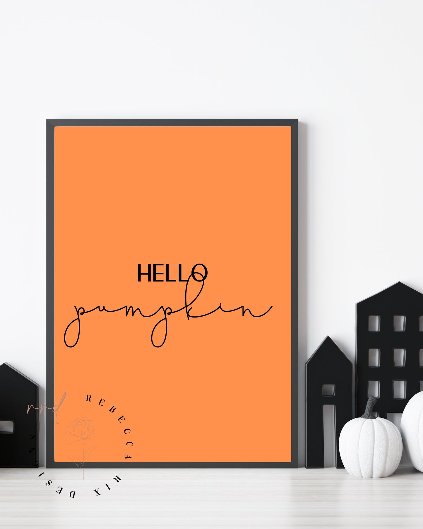 "Hello pumpkin" In Black On Orange Background, Fall/Autumn/Halloween Farmhouse Chic, Printable Wall Art