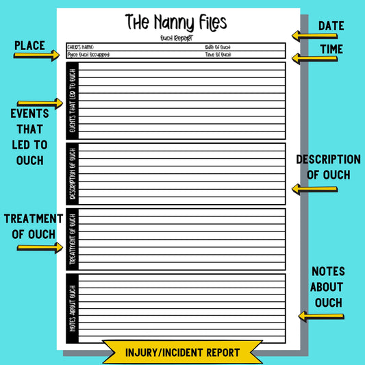 "The Ouch Report" - Child Incident Report For Nanny, Babysiter Or Caretaker, Part Of "The Nanny Files," Printable Organizers