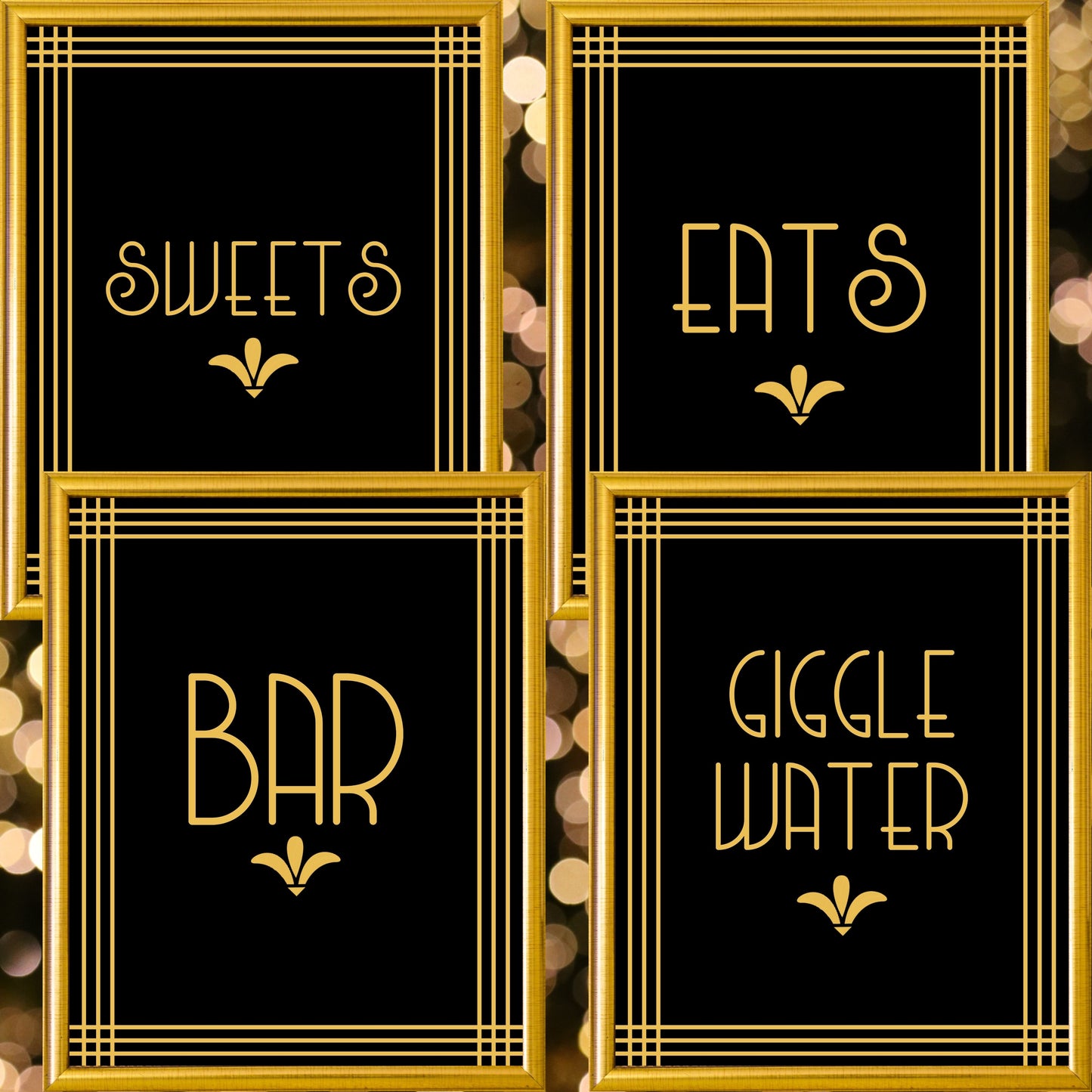 Set Of 4 Printable Party Signs For Great Gatsby Or Roaring 20's Party Or Wedding, Black & Gold, Printable Party Decor
