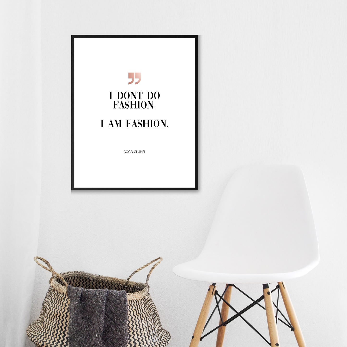 "I Don't Do Fashion I Am Fashion," Famous Quote by Coco Chanel With Rose Gold Accent, Printable Art