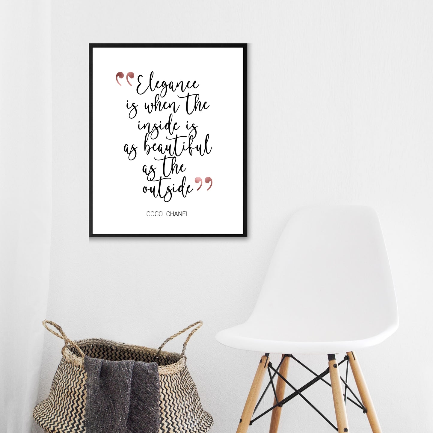 "Elegance Is When The Inside Is As Beautiful As The Outside," Famous Quote by Coco Chanel With Rose Gold Accents, Printable Art