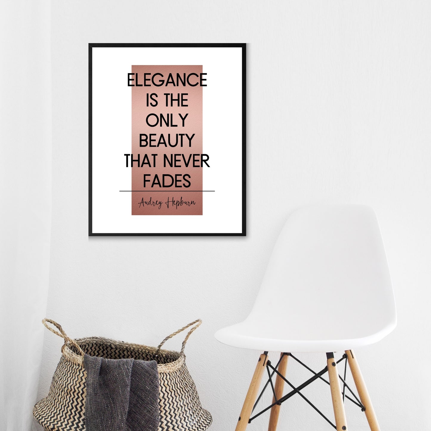 "Elegance Is The Only Beauty That Never Fades" Quote By Audrey Hepburn With Rose Gold Accent,Printable Art