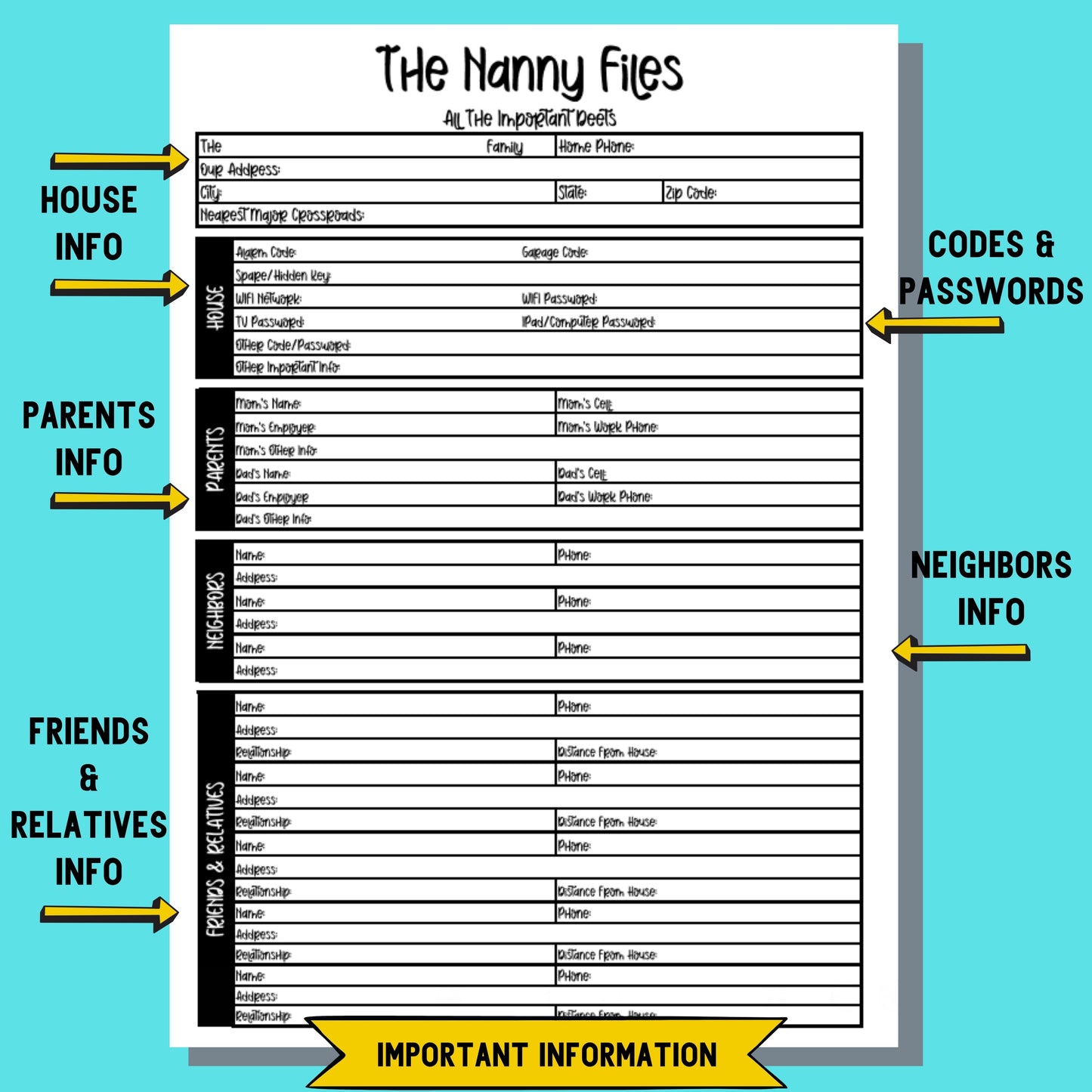 "All The Important Deets" - Important Information Form For Nanny, Babysiter Or Caretaker, Part Of "The Nanny Files" Collection, Printable Organizers