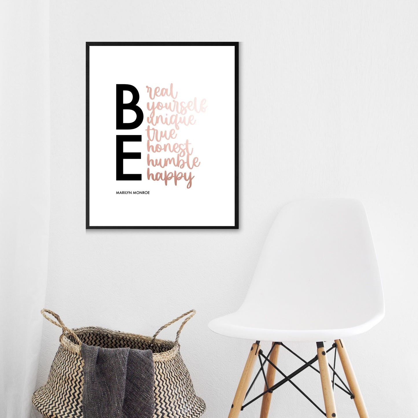 "Be..." Famous Quote by Marilyn Monroe In Rose Gold, Printable Art