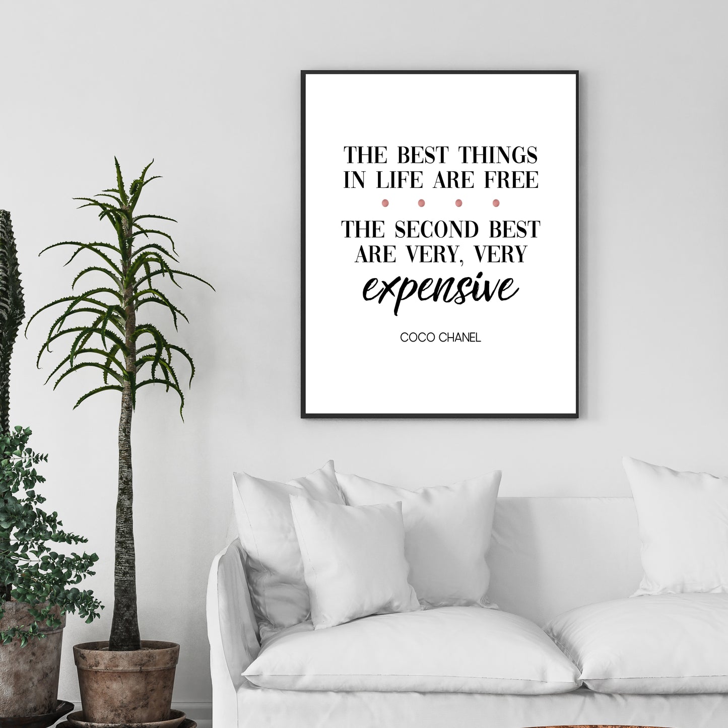 "The Best Things In Life Are Free.  The Second Best Are Very, Very Expensive," Famous Quote by Coco Chanel With Rose Gold Accents, Printable Art