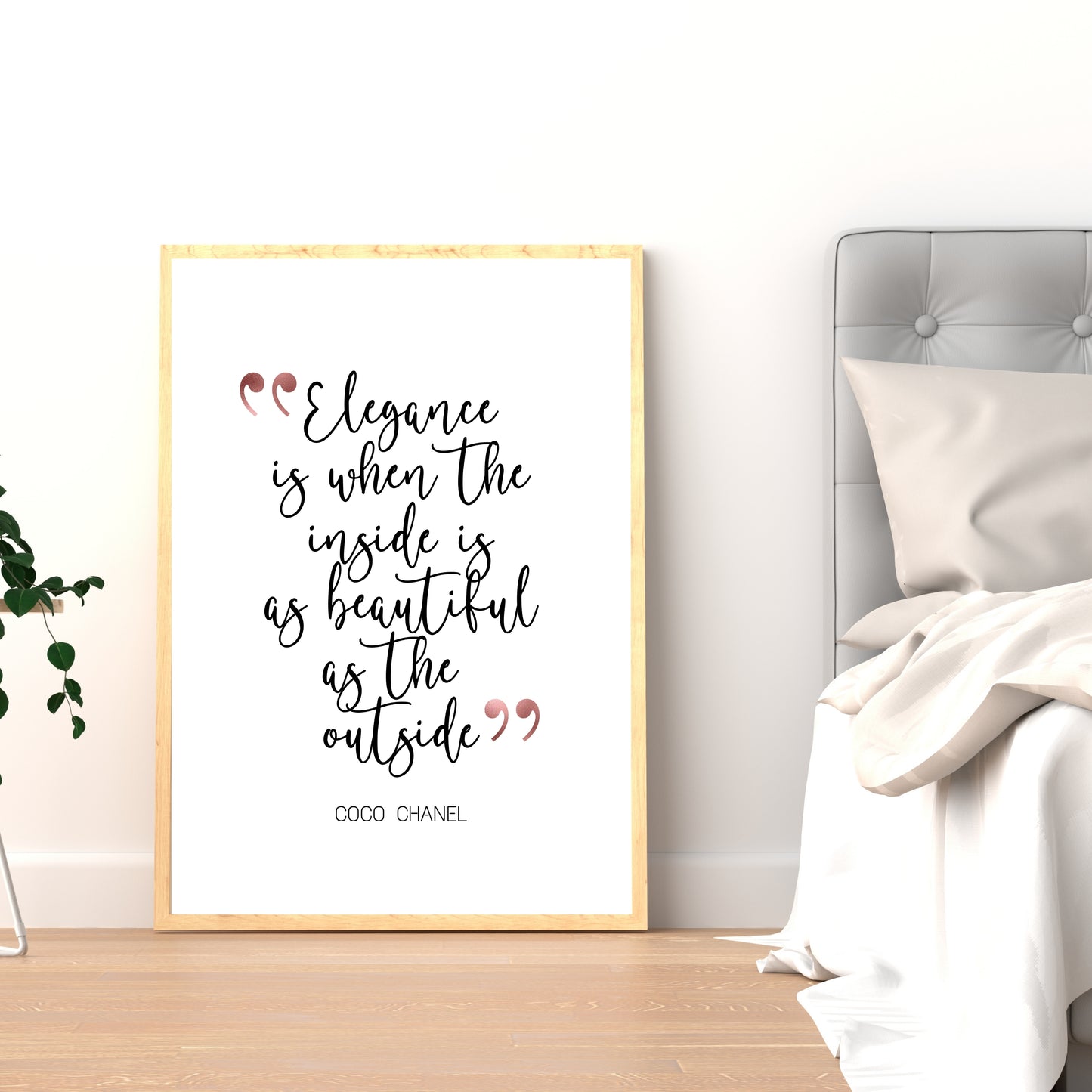 "Elegance Is When The Inside Is As Beautiful As The Outside," Famous Quote by Coco Chanel With Rose Gold Accents, Printable Art