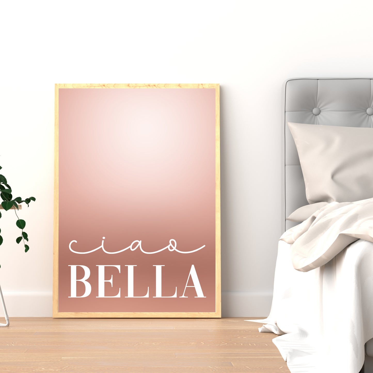 "Ciao Bella" In White With Rose Gold Background, Printable Art