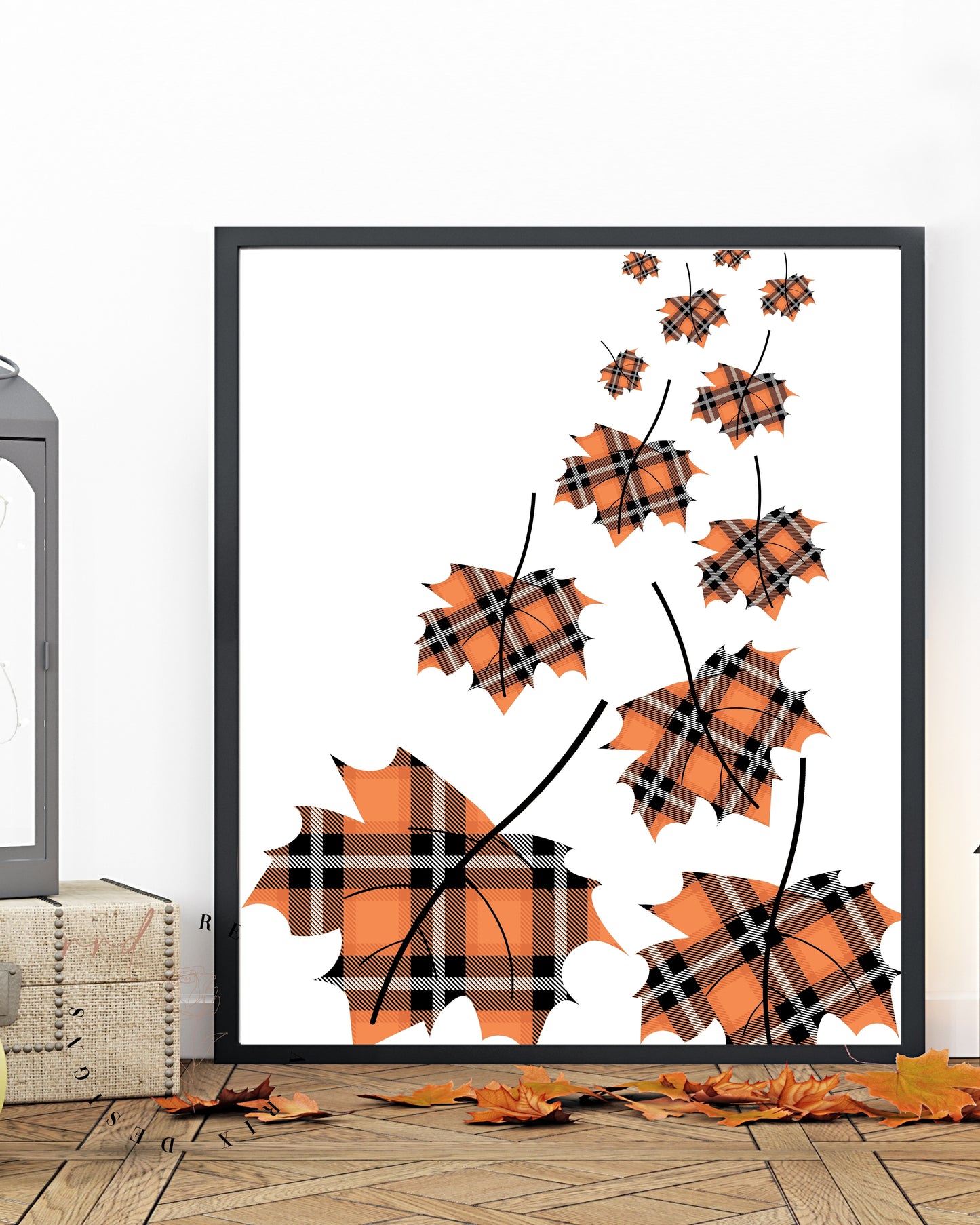 Orange Plaid Falling Leaves, Fall/Autumn/Halloween Farmhouse Chic, Printable Wall Art